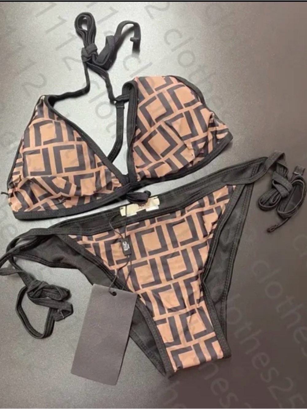 Geometric Print Triangle Bikini Set - Black & Tan
